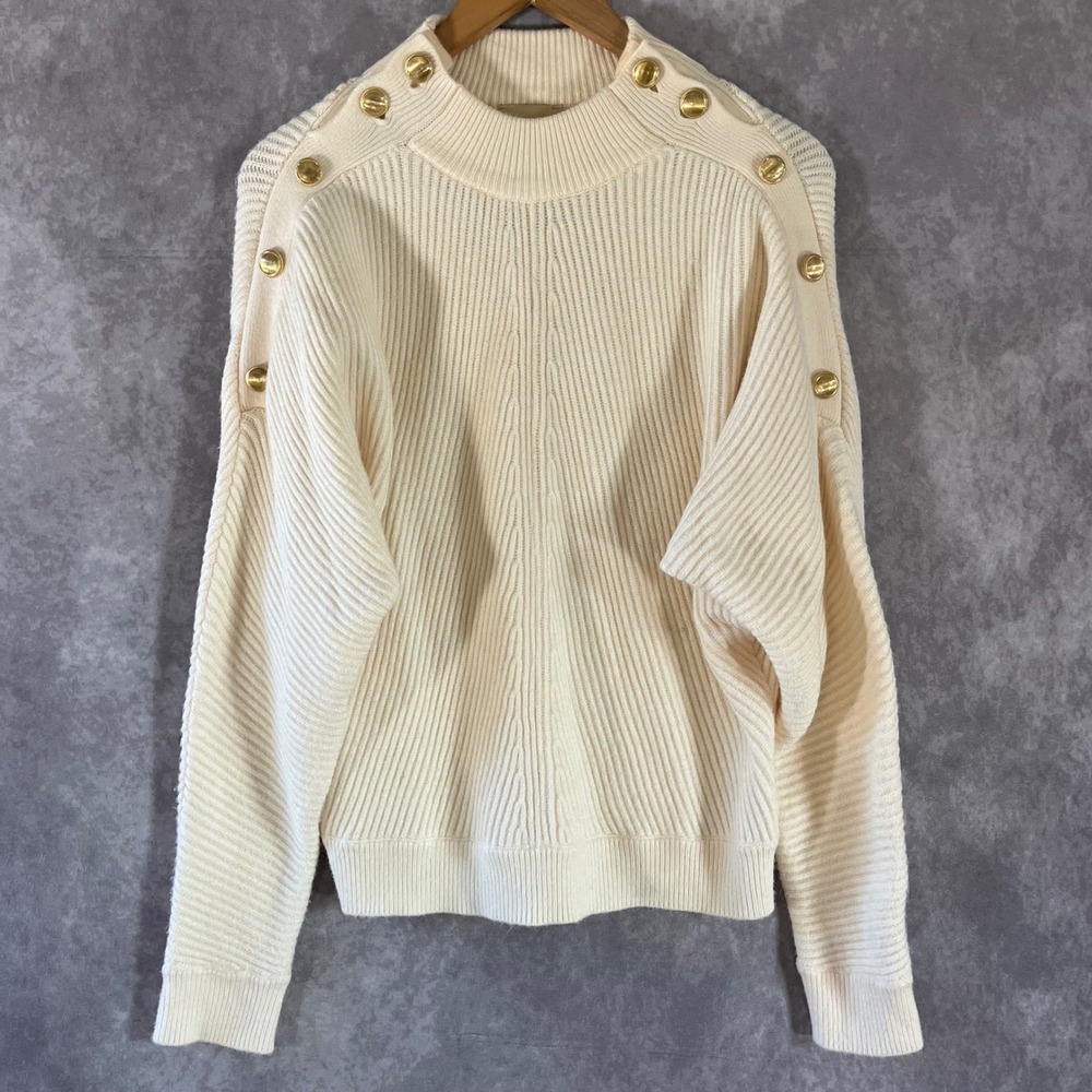 Elie Tahari Sweater Womens‎ Large Cream Ribbed Gold Button Shoulder Mock Neck